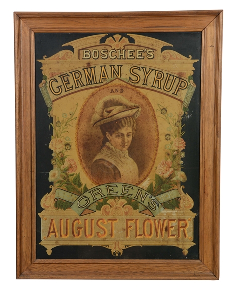 GERMAN SYRUP AND AUGUST FLOWER TIN ADVERTISING SIGN.