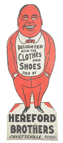 HEREFORD BROTHERS CLOTHING DIE-CUT TIN ADVERTISING SIGN.