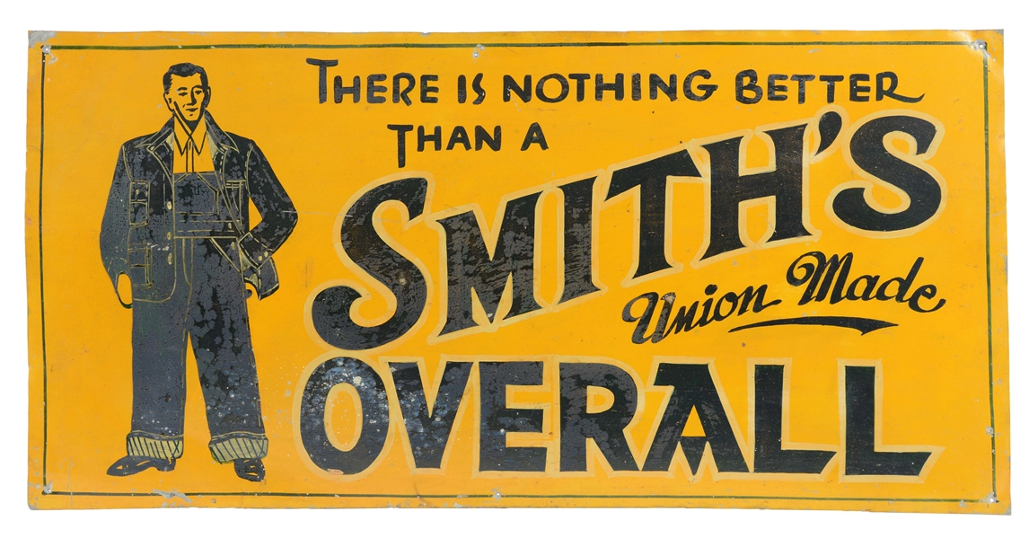 SMITHS OVERALL TIN ADVERTISING SIGN.