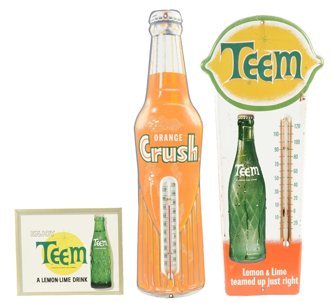 LOT OF 3: TEEM & ORANGE CRUSH THERMOMETERS & SIGN.