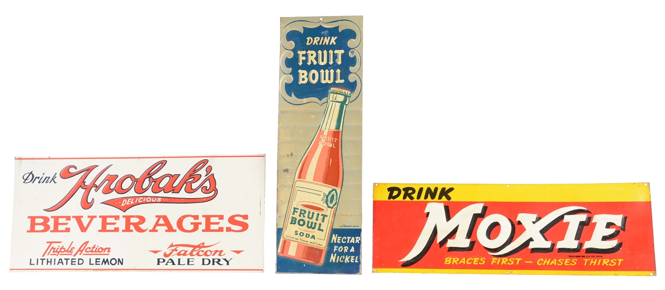 LOT OF 4: EMBOSSED TIN SODA SIGNS.