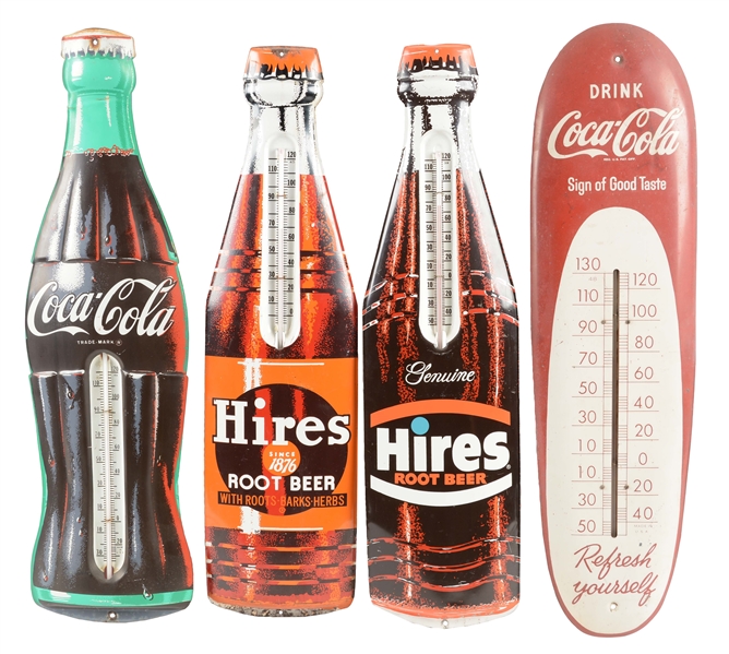LOT OF 4: HIRES AND COCA-COLA THERMOMETERS.