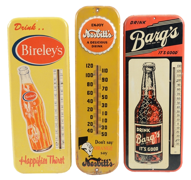 LOT OF 3: TIN SODA ADVERTISING THERMOMETERS.