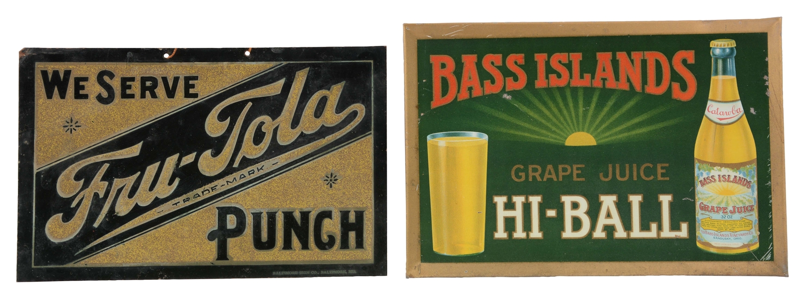 LOT OF 2: BASS ISLANDS AND FRU-TOLA ADVERTISING SIGNS.