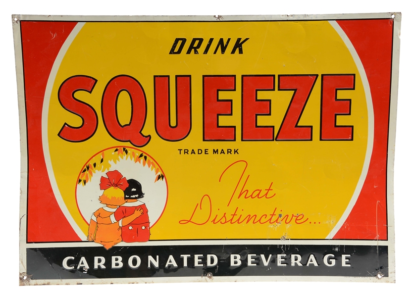 LOT OF 2: SQUEEZE EMBOSSED TIN ADVERTISING SIGNS.