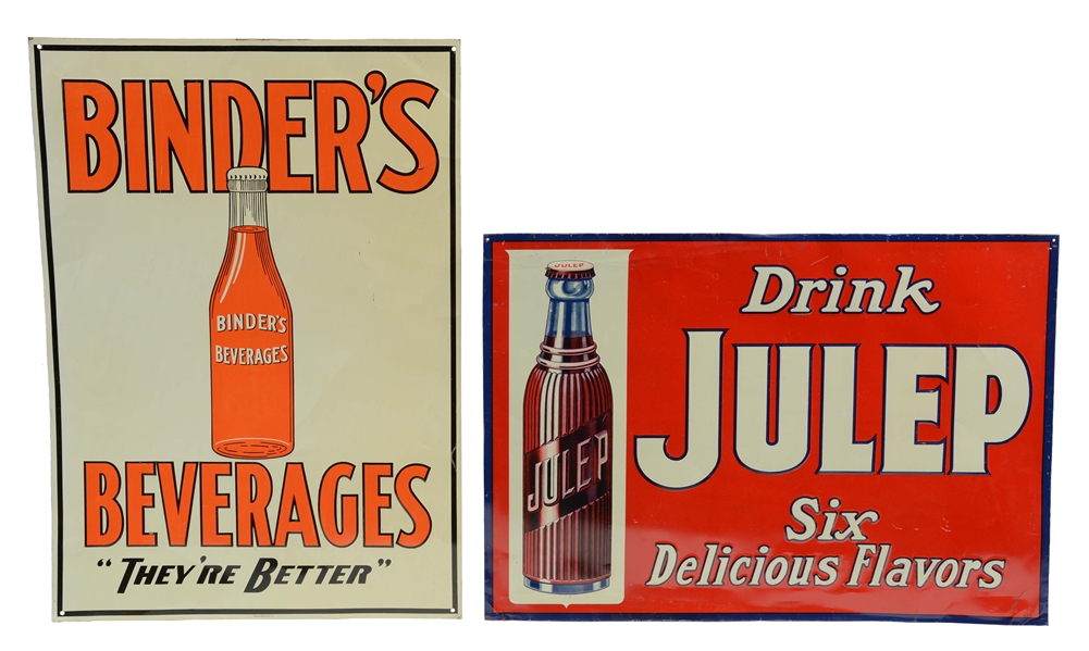 LOT OF 2: EMBOSSED TIN BINDERS AND JULEP SODA SIGNS.