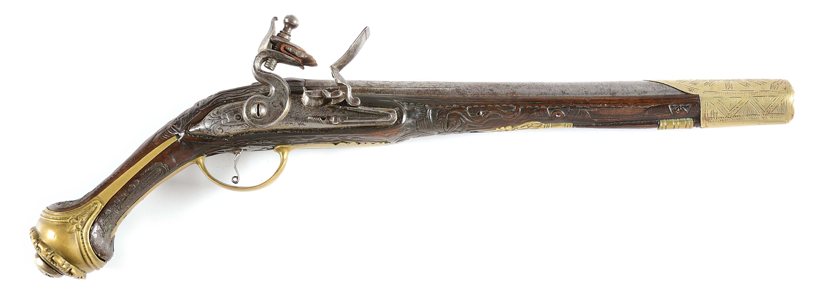 (A) ENGRAVED OTTOMAN FLINTLOCK PISTOL WITH CARVED STOCK.