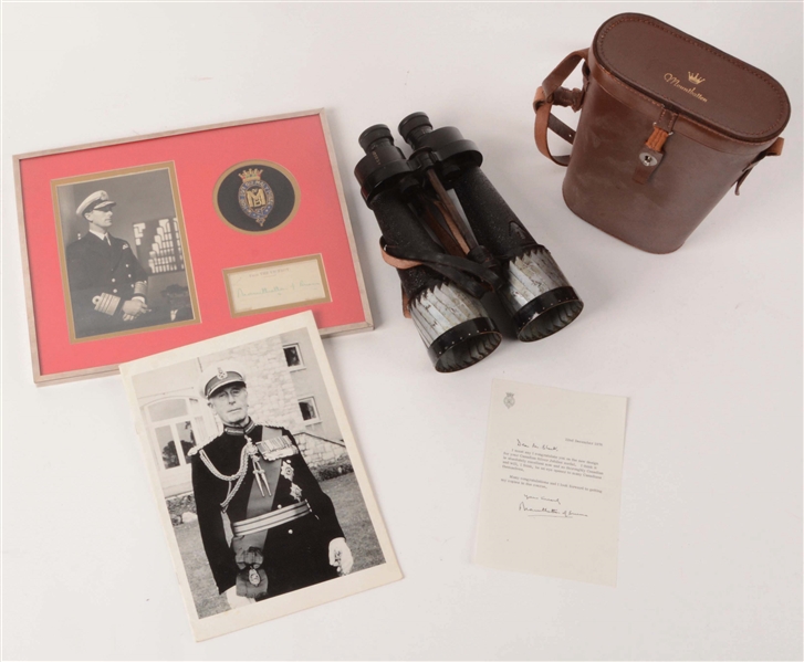 LOT OF 4: LORD MOUNTBATTEN MILITARY BINOCULARS, FRAMED PICTURE MONTAGE, SIGNED LETTER AND PROGRAM.