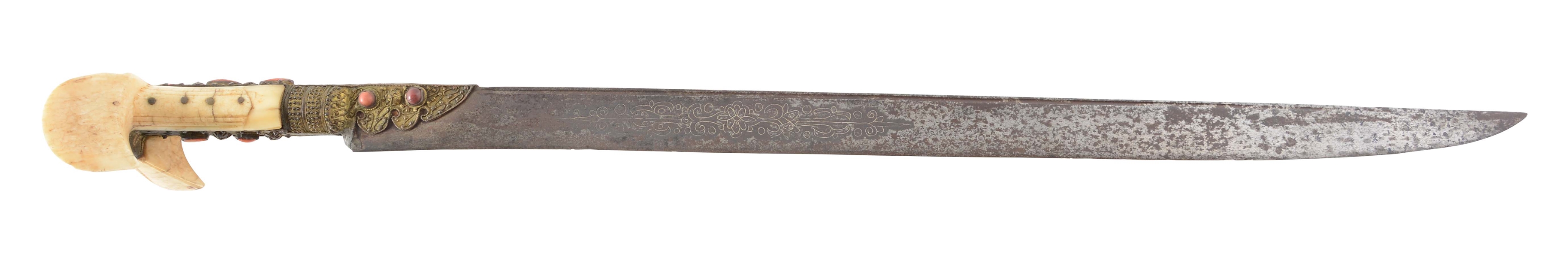 GOOD & UNUSUALLY LONG IVORY HILTED YATIGAN WITH SILVER INLAID BLADE & WALRUS IVORY SCALES. 