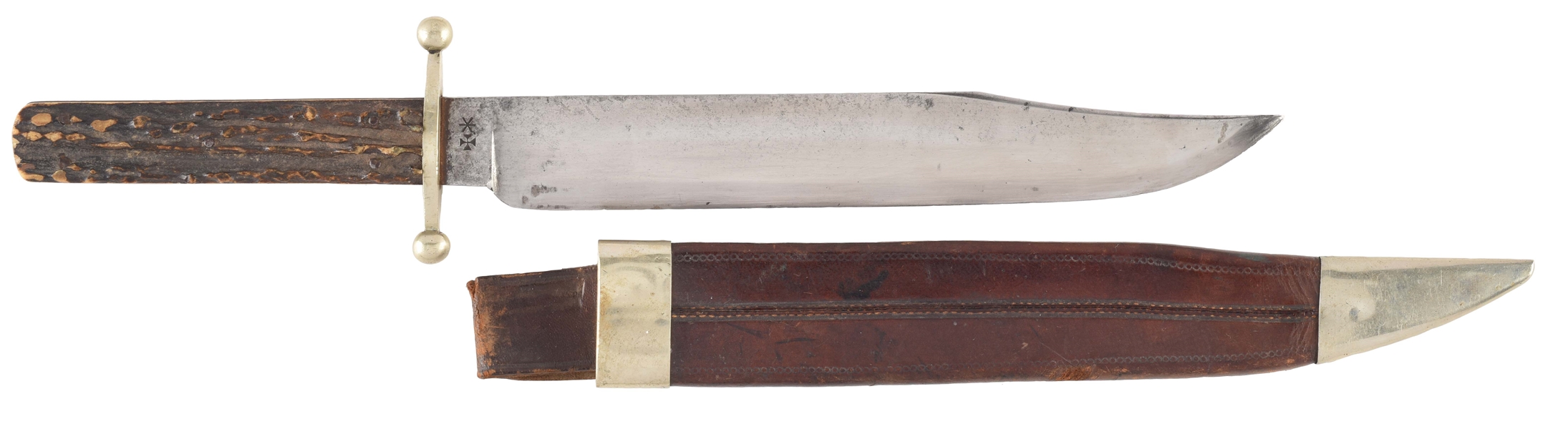 VERY LARGE JOSEPH ROGERS & SONS STAG HANDLED KNIFE WITH SHEATH.