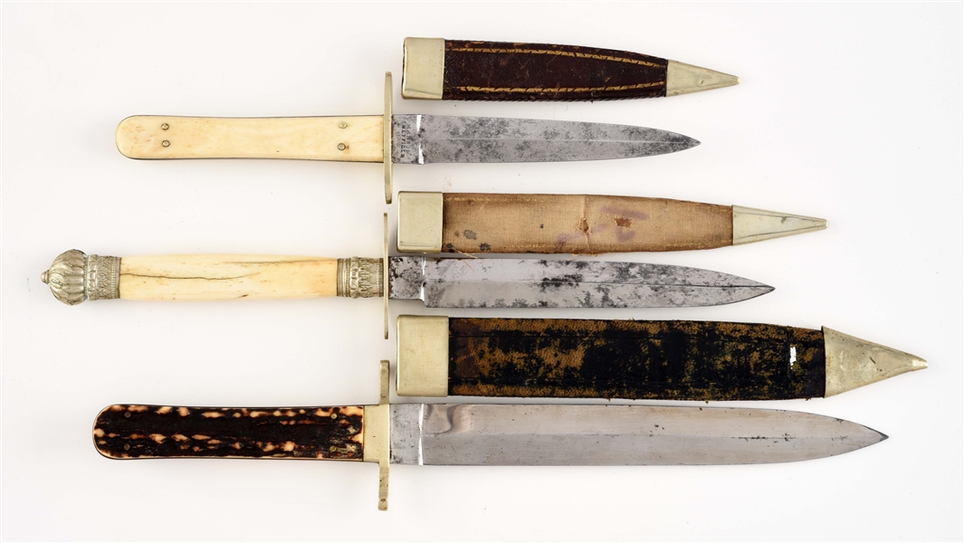 LOT OF 3: SMALL ENGLISH 19TH CENTURY HUNTING KNIFE & DAGGERS.