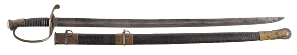 UNMARKED CONFEDERATE FOOT OFFICERS SWORD WITH LEATHER SCABBARD.