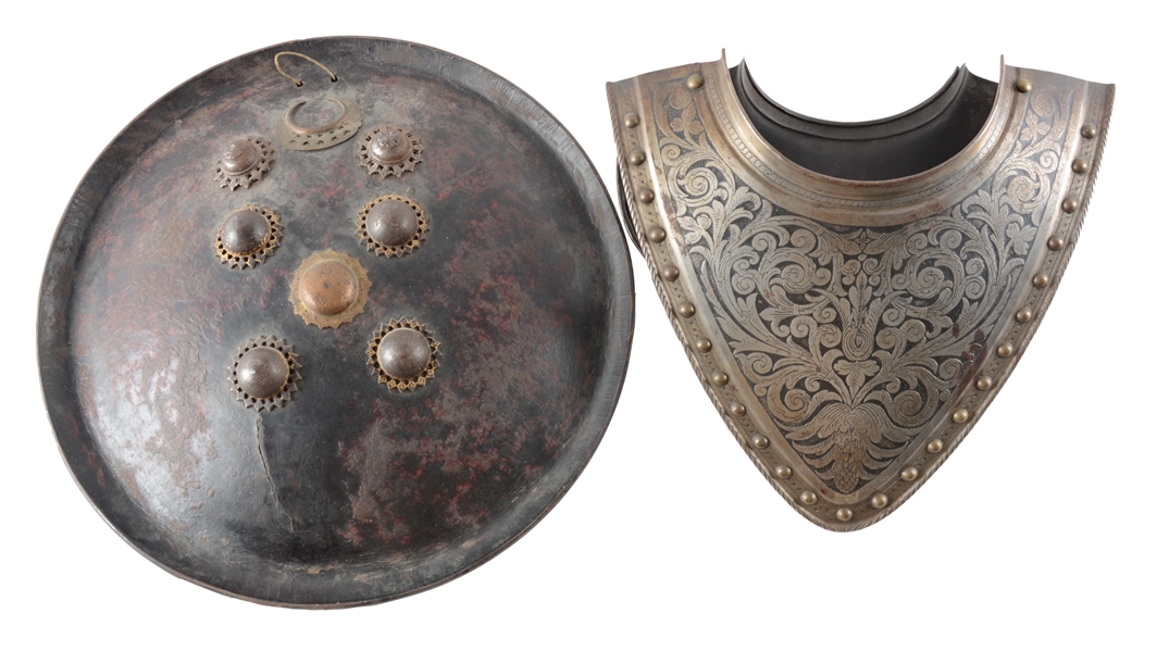 LOT OF 2: 19TH CENTURY INDIAN LEATHER SHIELD TOGETHER WITH LATE EUROPEAN KNIGHTLY GORGET.