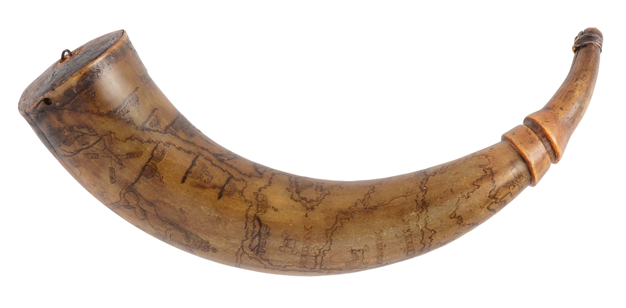 FINE ENGRAVED FRENCH & INDIAN WAR NEW YORK MAP POWDER HORN.