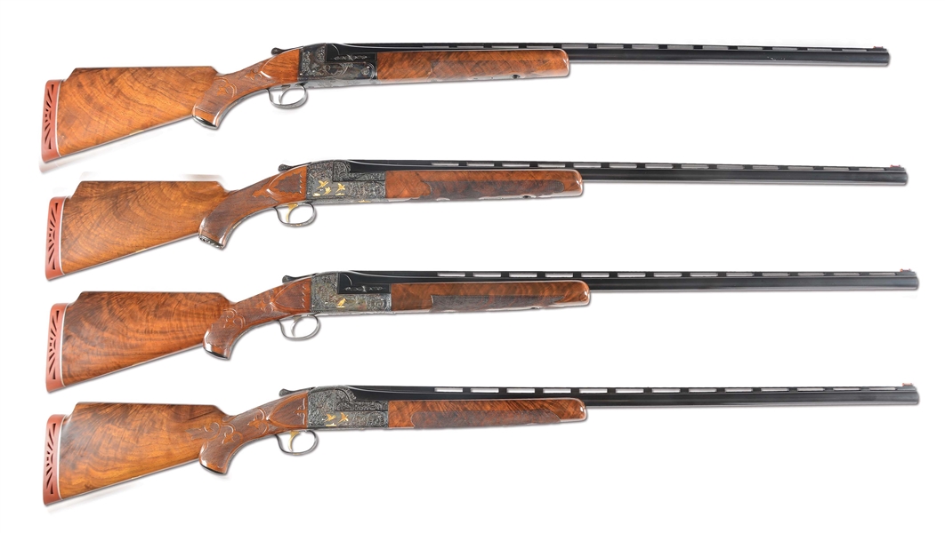 (C) SPLENDID FOUR GRADE (4, 5, 7, AND $3000) FOUR GUN SET OF ITHACA SINGLE BARREL SHOTGUNS WITH FINE GOLD INLAY AND ENGRAVING BY MCGRAW IN NEAR NEW CONDITION WITH ORIGINAL BOXES, HANG TAGS, PAPERWORK.