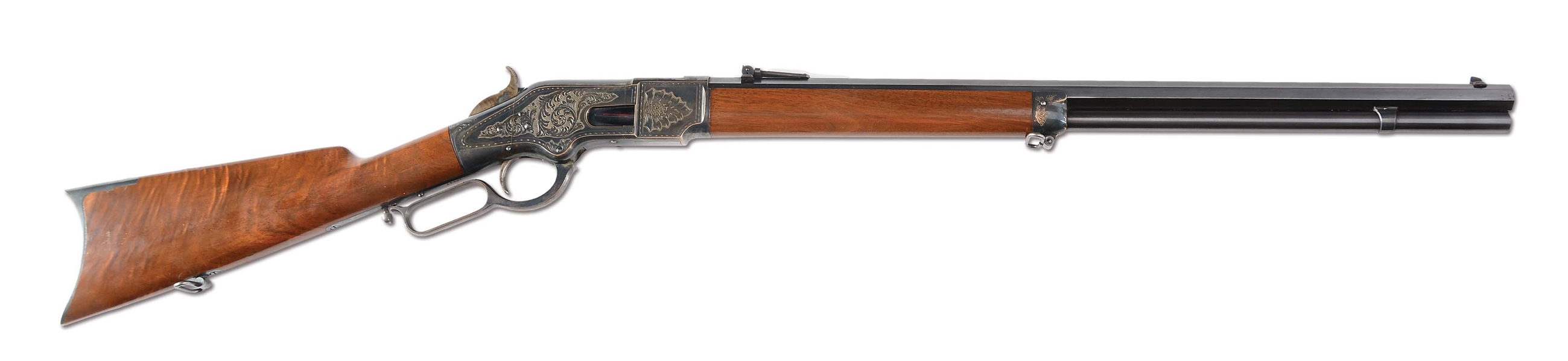 (A) SPECTACULAR CONDITION ENGRAVED AND SILVER-PLATED HENRY MARKED WINCHESTER MODEL 1866 RIFLE WITH SPLENDID 3X STYLE FACTORY DELUXE WALNUT STOCK.