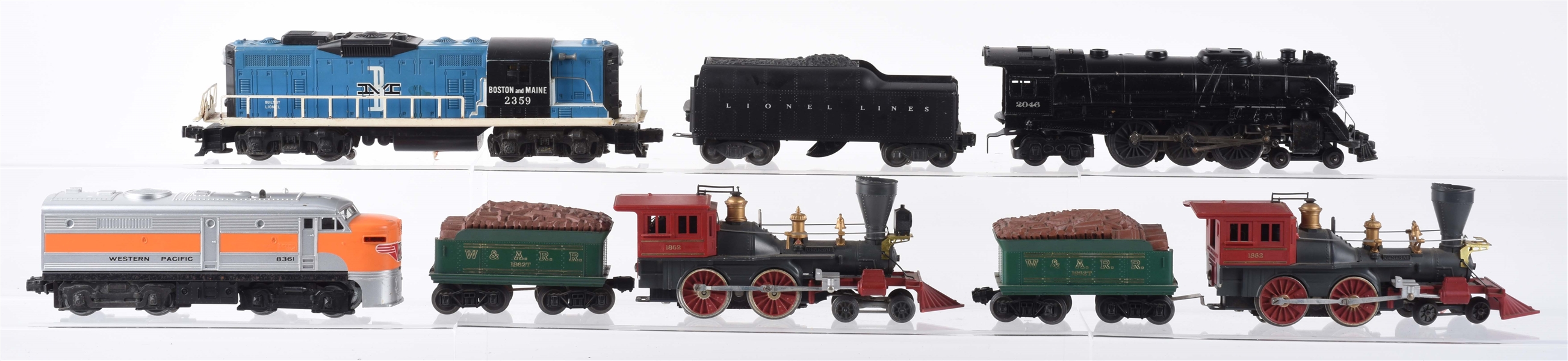 LOT OF 8: LIONEL MOTIVE POWER & W&A.R.R. TRAINS SOME WITH BOXES. 