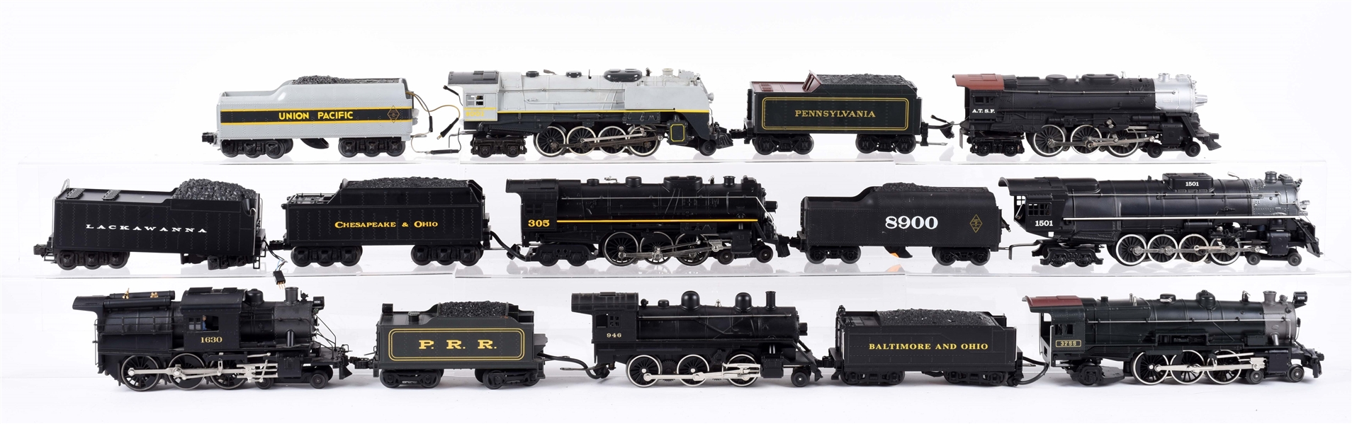 LOT OF 14: LIONEL & M.T.H. STEAM LOCOMOTIVES ONE SET WITH BOX. 