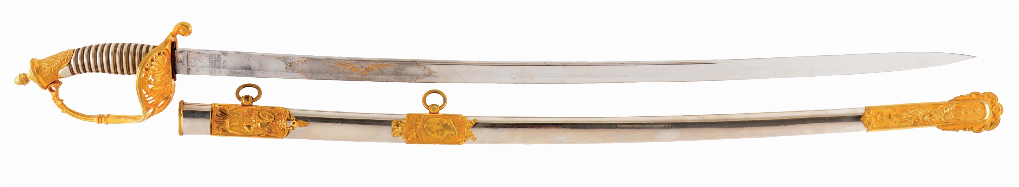 AN EXTREMELY HISTORIC AND RARE WASHINGTON PATTERN SILVER GRIPPED PRESENTATION SWORD BY HORSTMANN AND SONS AND PRESENTED TO THE INTREPID MAJOR ALEXANDER MCCUEN, A HERO OF GETTYSBURG.