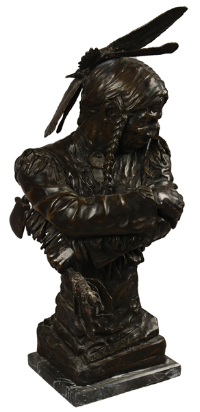 BRONZE BUST OF NATIVE AMERICAN BRAVE.