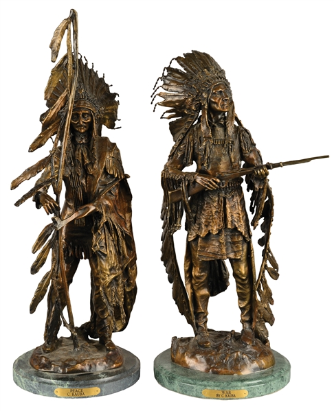 LOT OF 2: NATIVE AMERICAN WAR & PEACE PAIRED SCULPTURES.