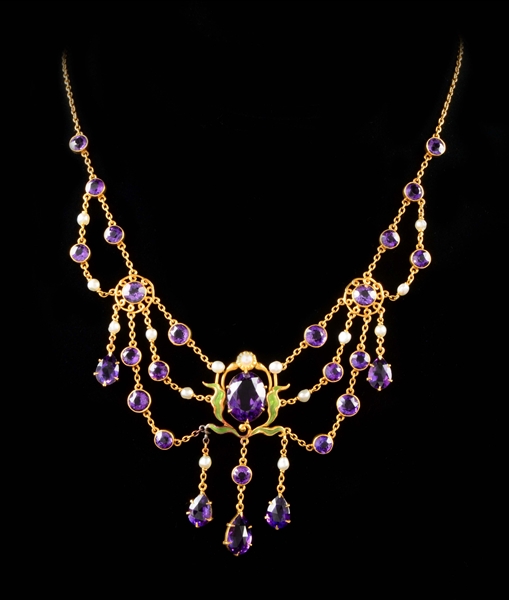 18K GOLD VICTORIAN AMETHYST & NATURAL SEED PEARL NECKLACE. 