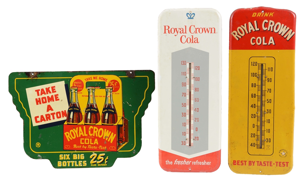 LOT OF 3: ROYAL CROWN COLA THERMOMETERS AND SIGN. 