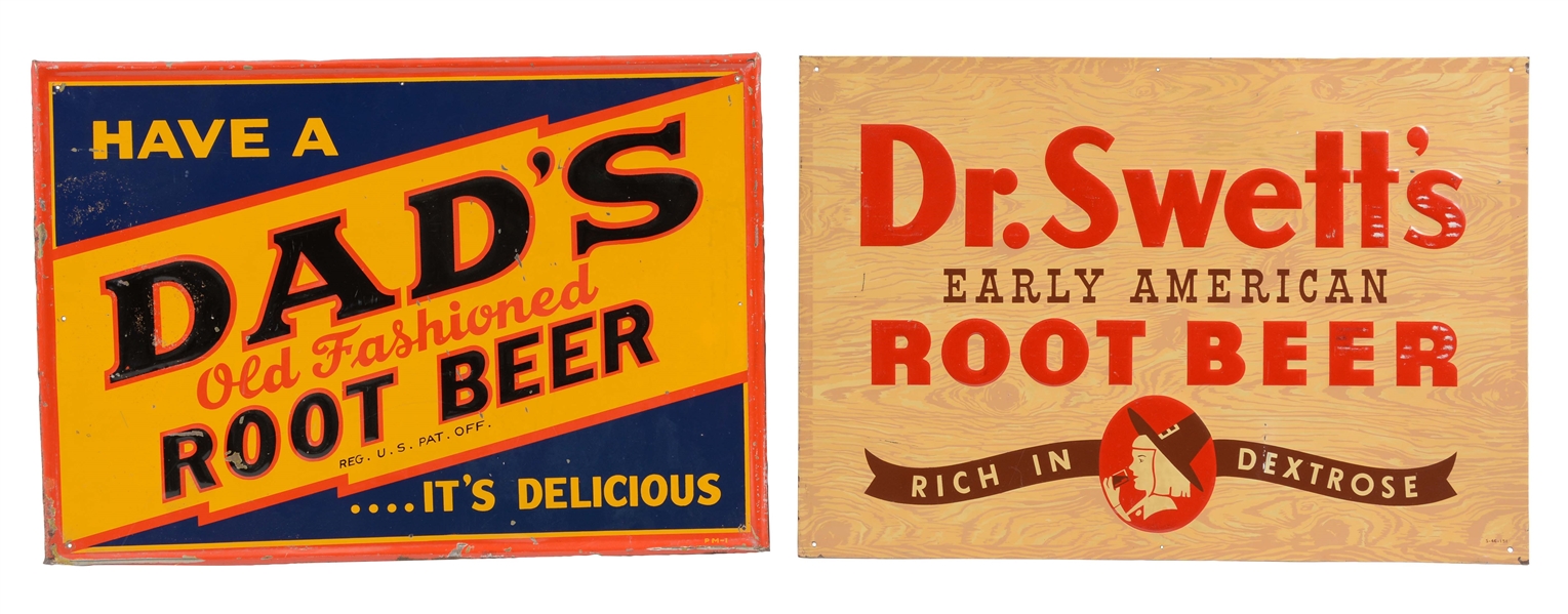 LOT OF 2: DR. SWETTS ROOT BEER AND DADS ROOT BEER TIN SIGNS.