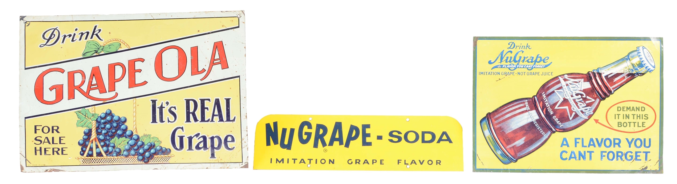 LOT OF 3: NUGRAPE AND GRAPE OLA SODA ADVERTISING SIGNS.