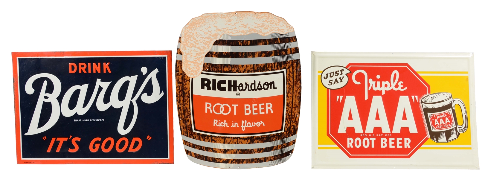 LOT OF 3: ROOT BEER TIN ADVERTISING SIGNS.