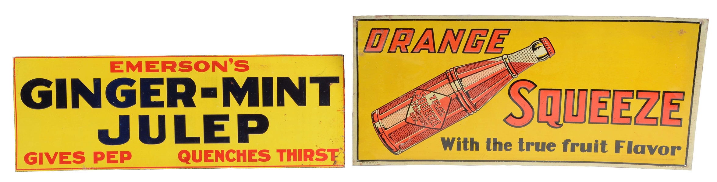 LOT OF 2: ORANGE SQUEEZE AND GINGER-MINT JULEP SIGNS.