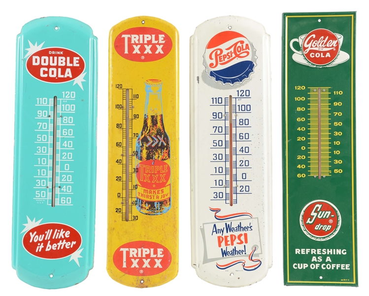LOT OF 4: SODA ADVERTISING THERMOMETERS.