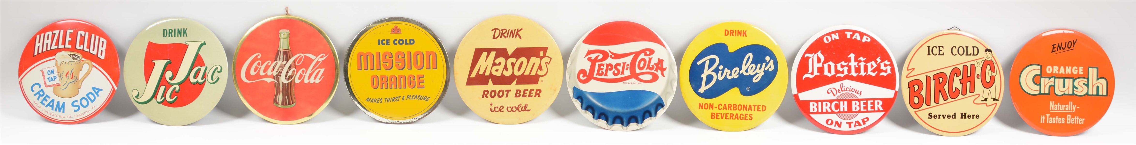 LOT OF 10: CELLULOID SODA ADVERTISING BUTTON SIGNS.