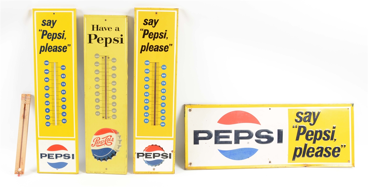 LOT OF 4: PEPSI SIGN AND THERMOMETERS.