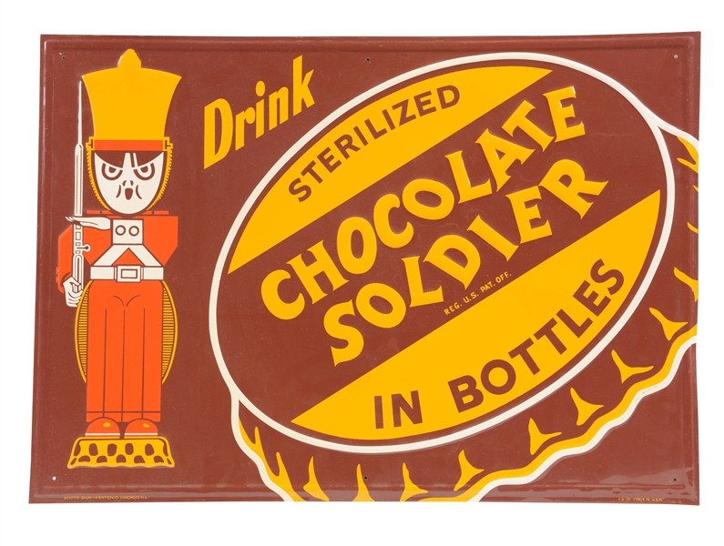 EMBOSSED TIN CHOCOLATE SOLDIER ADVERTISING SIGN.