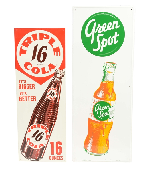 LOT OF 2: TRIPLE COLA AND GREEN SPOT ADVERTISING SIGNS.