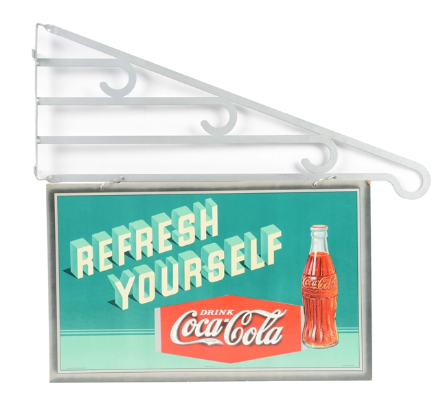 DOUBLE SIDED CARDBOARD COCA-COLA "REFRESH YOURSELF" ADVERTISING SIGN WITH BRACKET.
