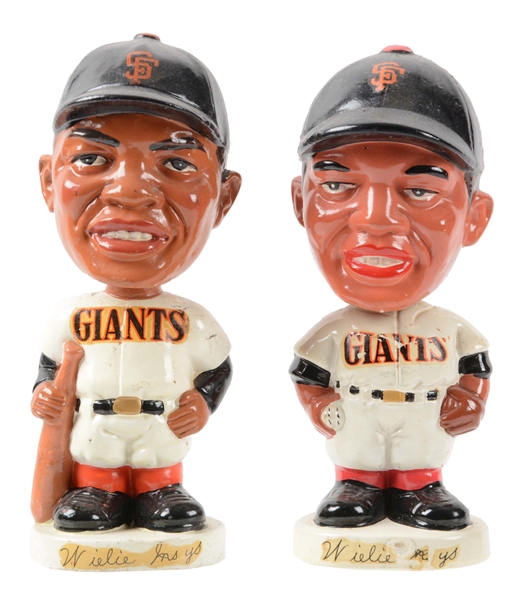 LOT OF 2: 1962 JAPANESE ROUND BASE WILLIE MAYS CHARACTER NODDERS. 