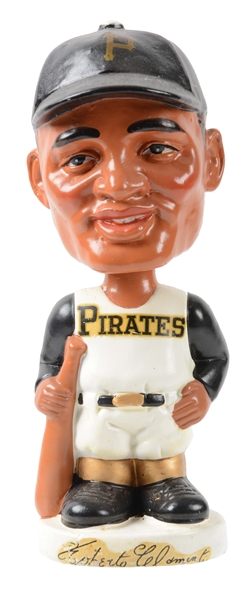 1962 WHITE ROUND BASE ROBERTO CLEMENTE CHARACTER BOBBLE HEAD DOLL. 
