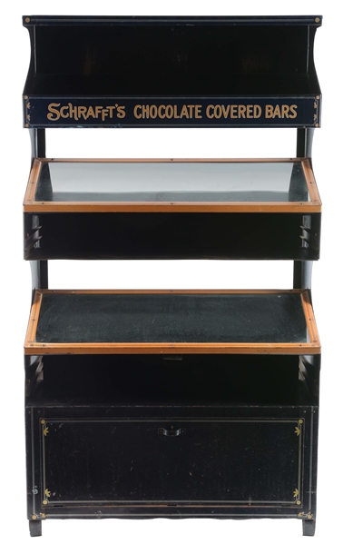 SCHRAFFTS CHOCOLATE COVERED BARS TIN DISPLAY CASE. 