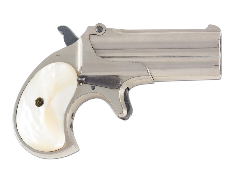 (C) HIGH CONDITION FACTORY NICKEL REMINGTON MODEL DOUBLE DERINGER WITH PEARL GRIPS.