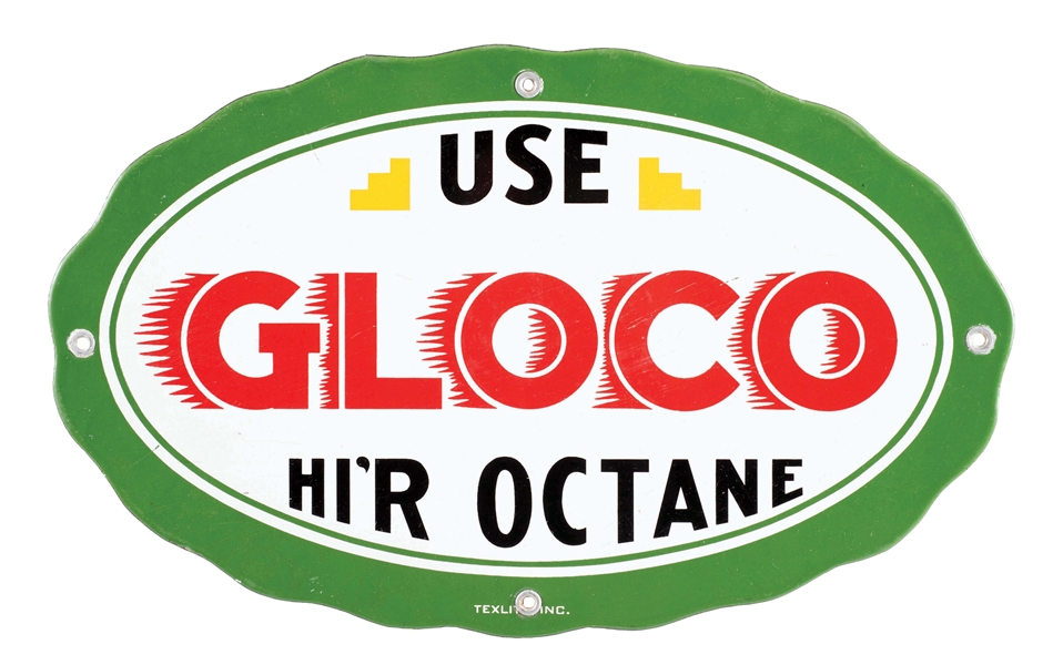 GOOD LUCK OIL COMPANY GLOCO HIR OCTANE PORCELAIN PUMP SIGN.