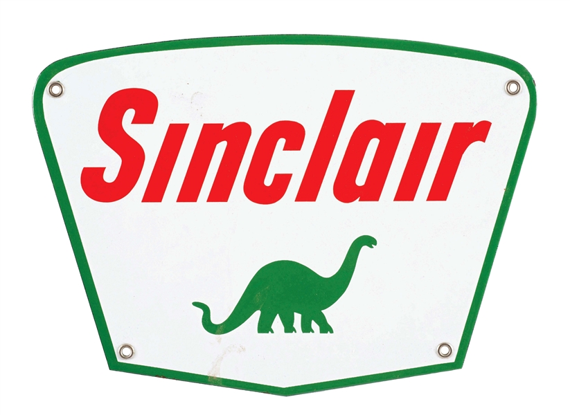 SINCLAIR GASOLINE PORCELAIN PUMP SIGN WITH DINO GRAPHIC.