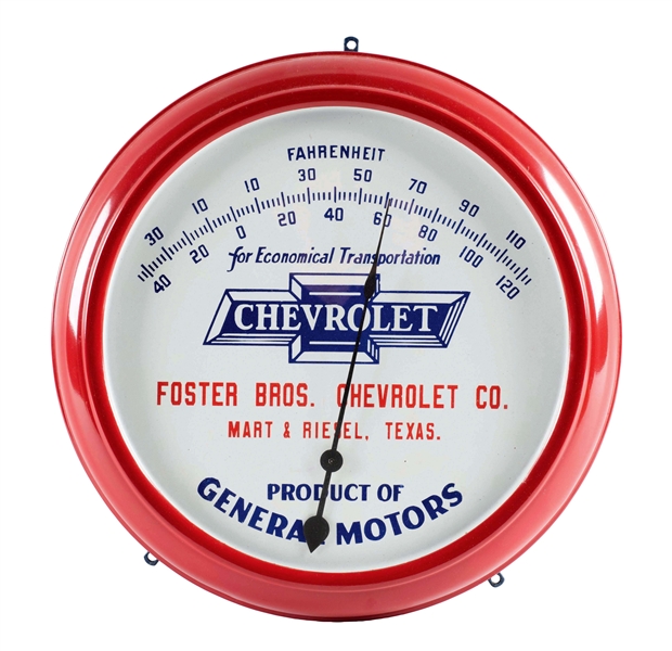 FOSTER BROTHERS CHEVROLET GLASS FACE PORCELAIN THERMOMETER.