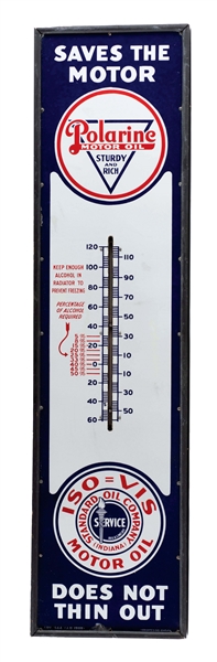 STANDARD OF INDIANA POLARINE MOTOR OIL PORCELAIN SERVICE STATION THERMOMETER.