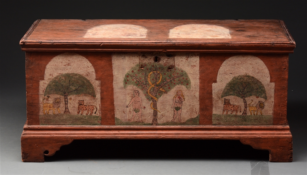 RARE AND UNIQUE PA ADAM & EVE DECORATED DOWER CHEST MID 18TH C. 