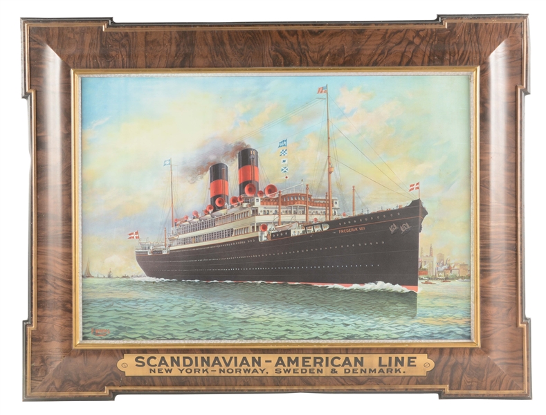 SCANDINAVIAN-AMERICAN LINE SHIP SELF-FRAMED TIN LITHO ADVERTISING SIGN. 