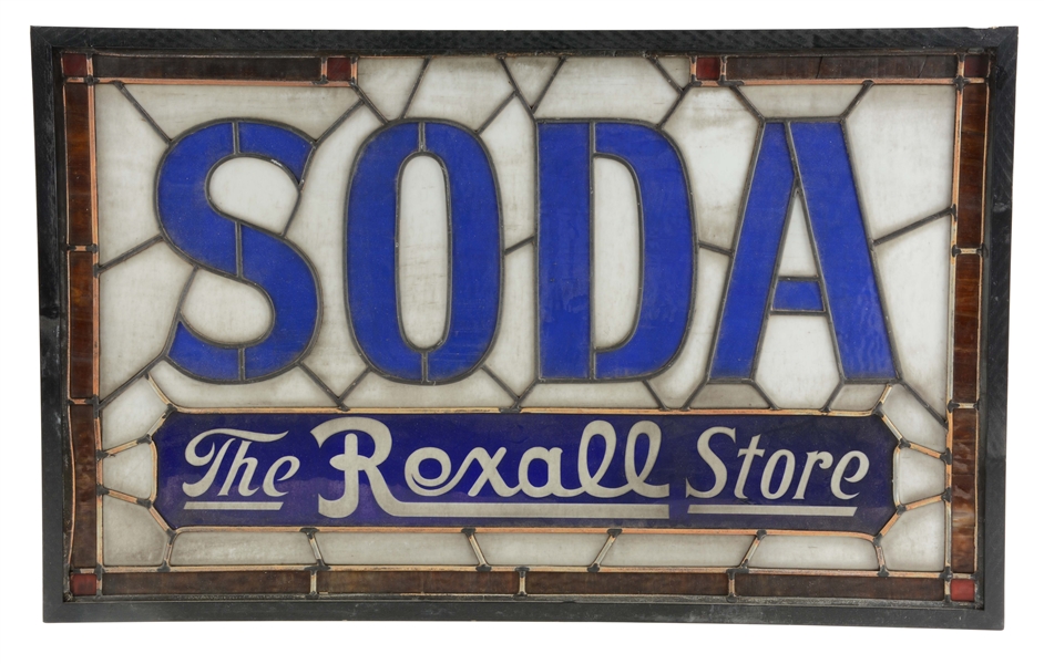 THE REXALL STORE SODA STAINED GLASS LIGHT UP SIGN.