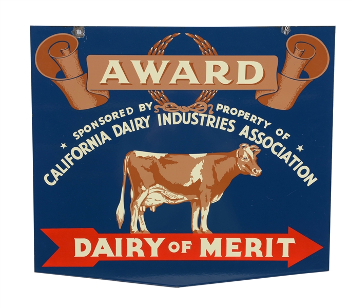 DAIRY OF MERIT DOUBLE SIDED PORCELAIN SIGN.