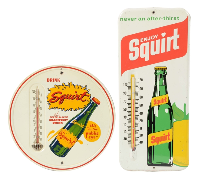 LOT OF 3: SQUIRT SODA THERMOMETERS AND SIGN.